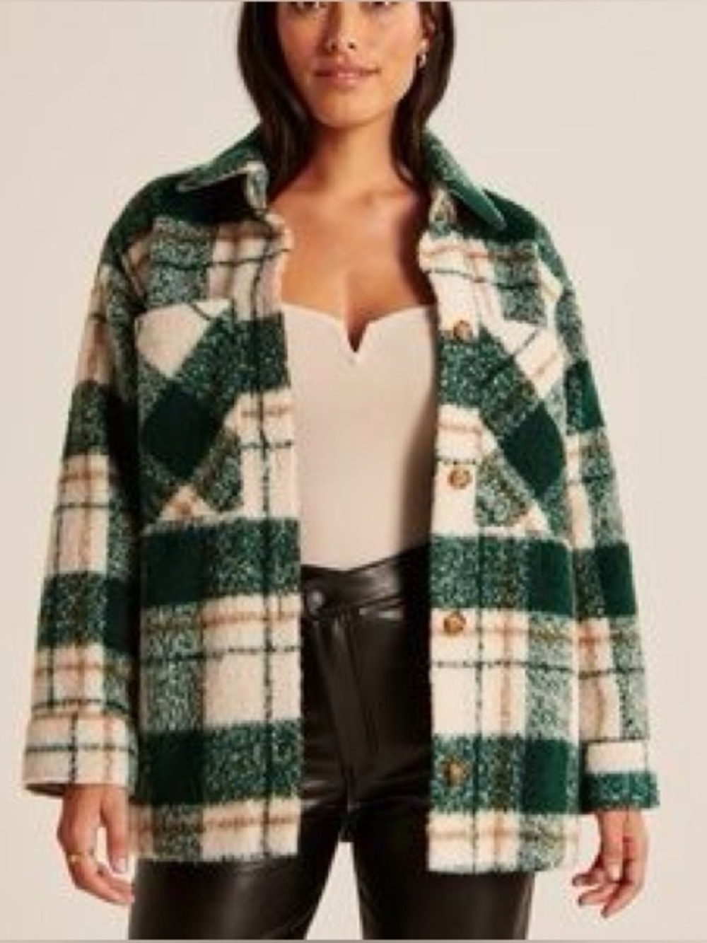 Abercrombie & Fitch Green and Cream Plaid Oversized Teddy Shacket